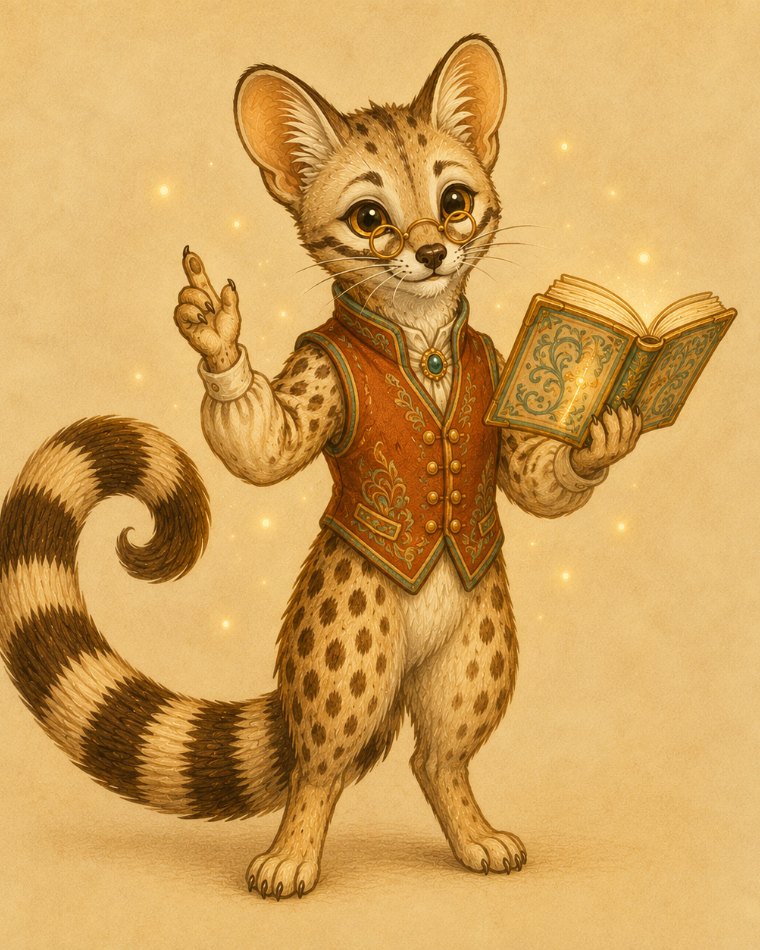 Vee, a bespectacled genet in a Renaissance vest holding an illuminated book